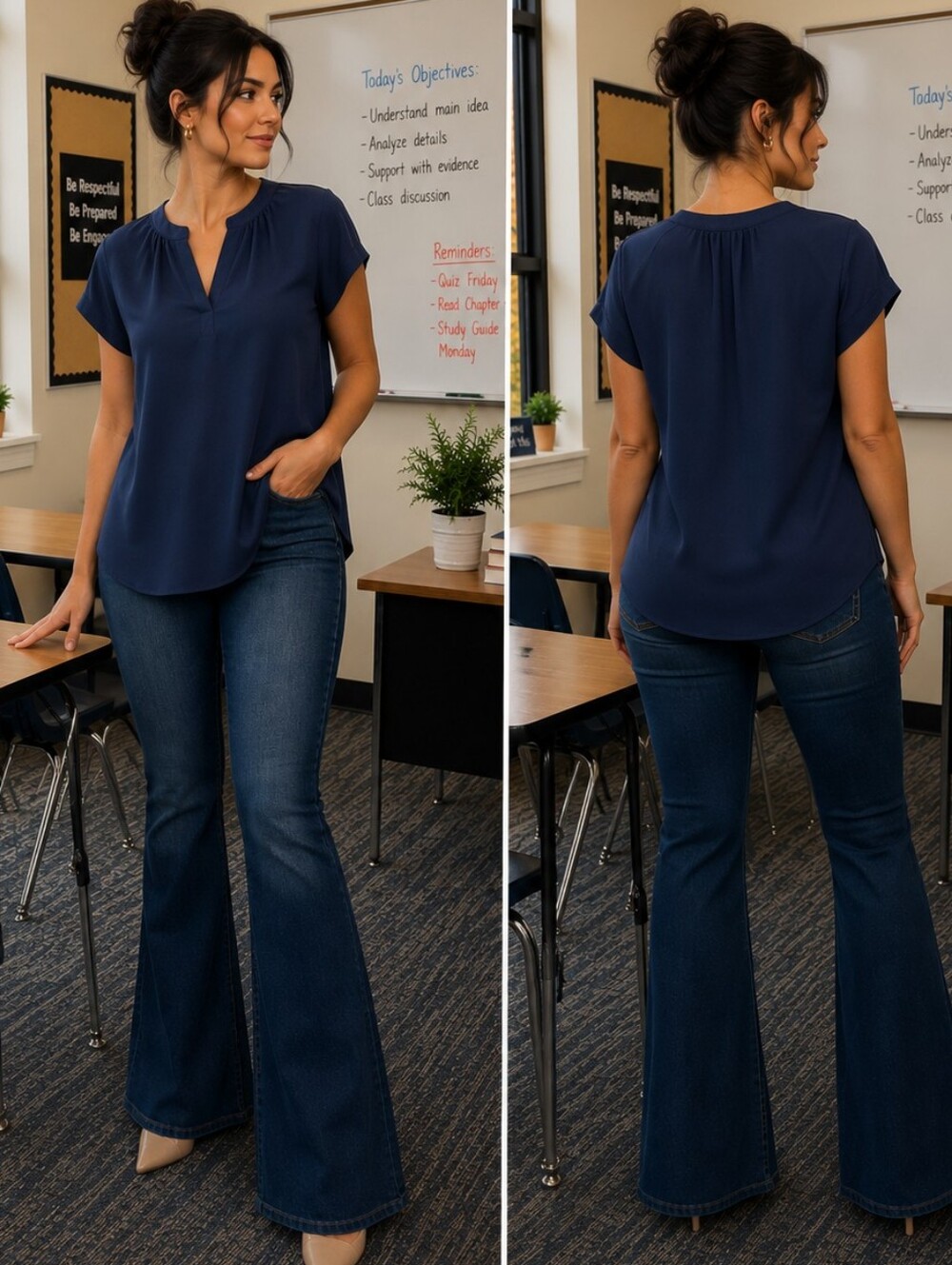Women's Navy Split-Neck‎ Short Sleeve Blouse